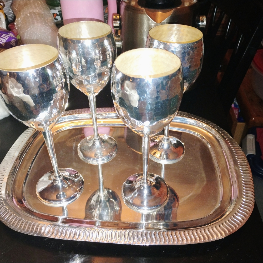 Silver Plated Hammered Wine Goblets with Tray